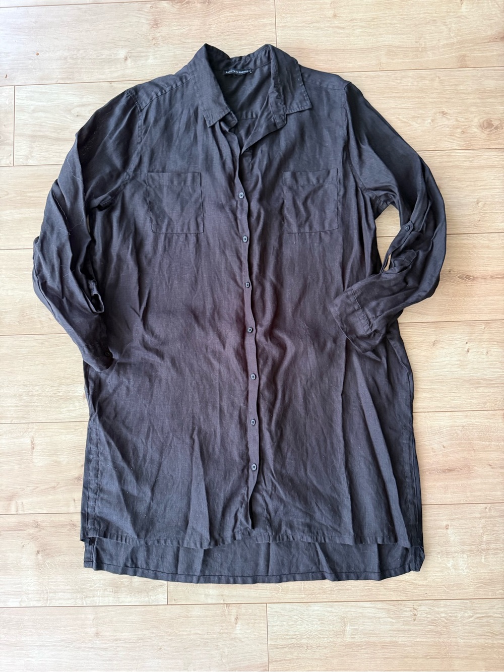 Saks Fifth Avenue Black 100% Linen Shirt Dress Button Front Long Sleeve Midi